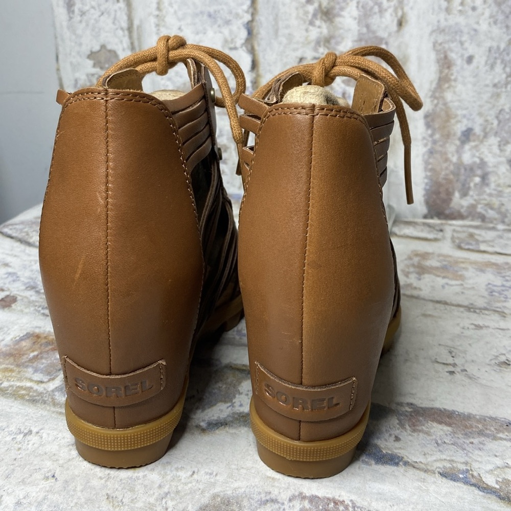 Sorel Brown Leather Lace-Up Wedge Sandals - Picture 4 of 9